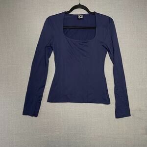 C Clothes Brand Women Square Neck Long Sleeve Navy Blue Top Large Stretchy